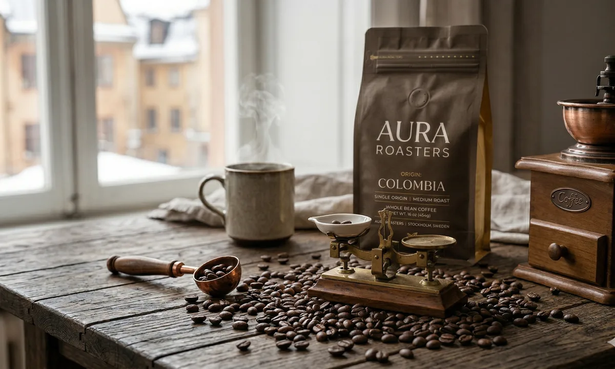 Упаковка кофейных зерен на столе рядом с чашкой